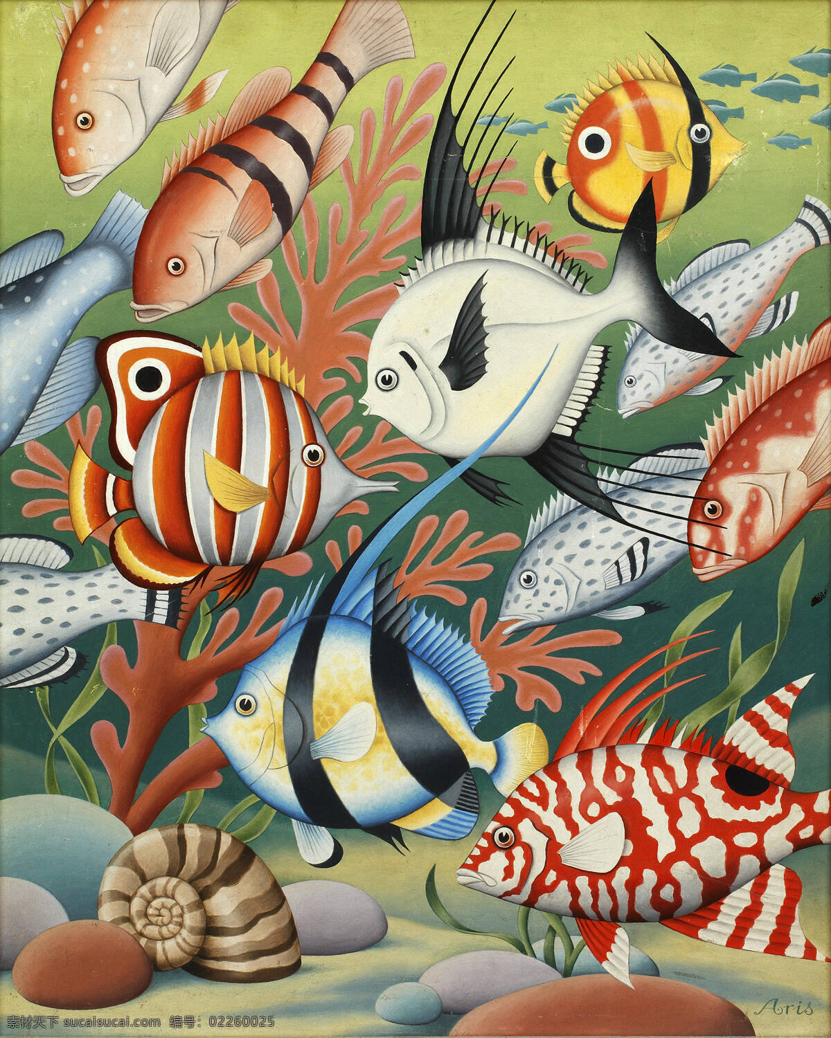 海洋 大海 珊瑚丛 石头 贝壳 鱼儿 游弋 世纪 水彩画 文化艺术 绘画书法