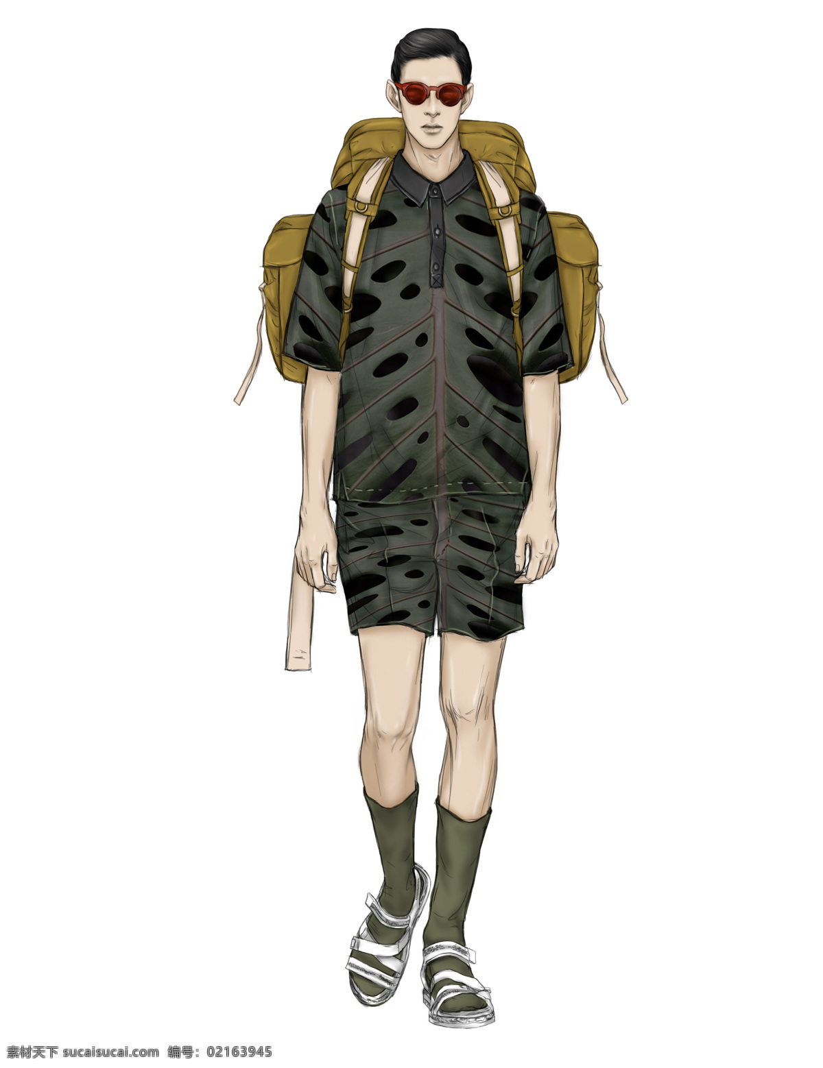 时尚 军绿色 套装 短袖 男装 效果图 白色凉鞋 服装设计 军绿色服饰 男装效果图 时尚男装