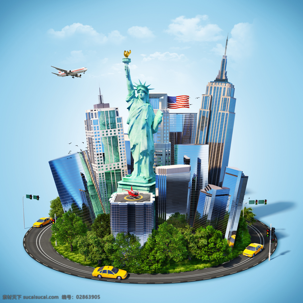 创意环球旅行 城市 旅行 飞机 云朵 自由女神像 建筑