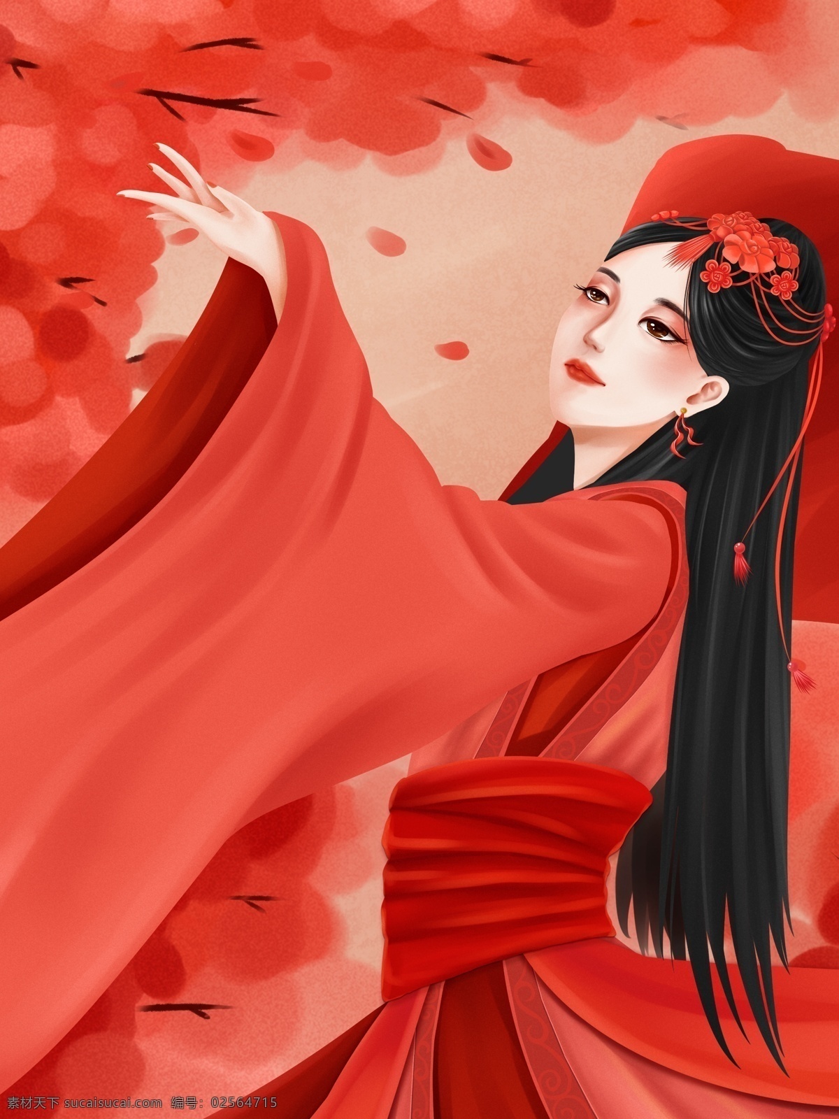 醉舞 红花 美人 吟 年度 色彩 珊瑚 红 花瓣 美女 唯美 古装 汉服 珊瑚红 红妆 嫁衣 兰花指 红袖