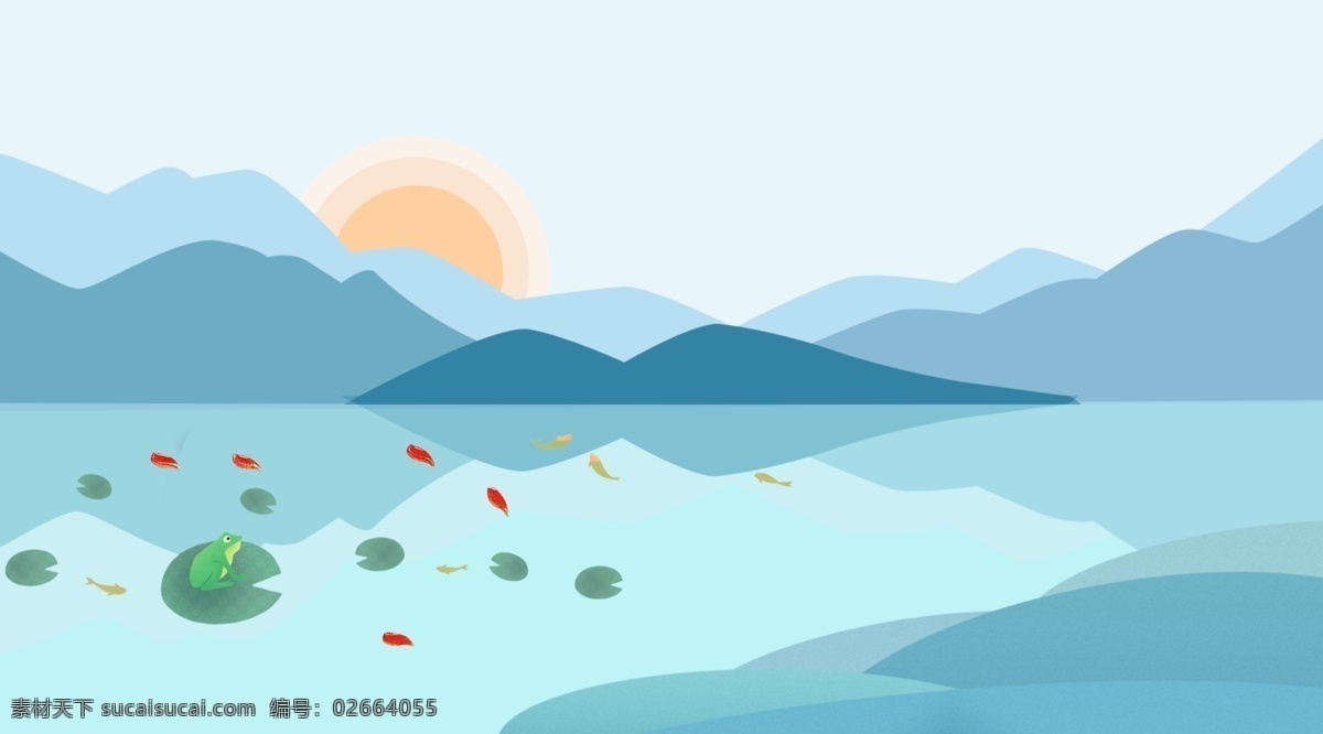 卡通 手绘 蓝色 风景 插画 背景 蓝天白云 春天背景 温馨背景 唯美背景 山峰背景 创意背景