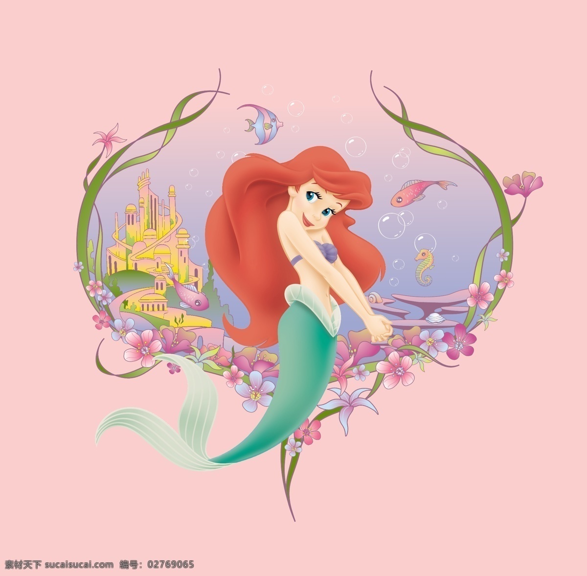 t恤印花 迪士尼 动画 服装 公主 海的女儿 卡通 卡通设计 印花 女装 童装 童话 美女 少女 女孩 小人鱼 美人鱼 矢量
