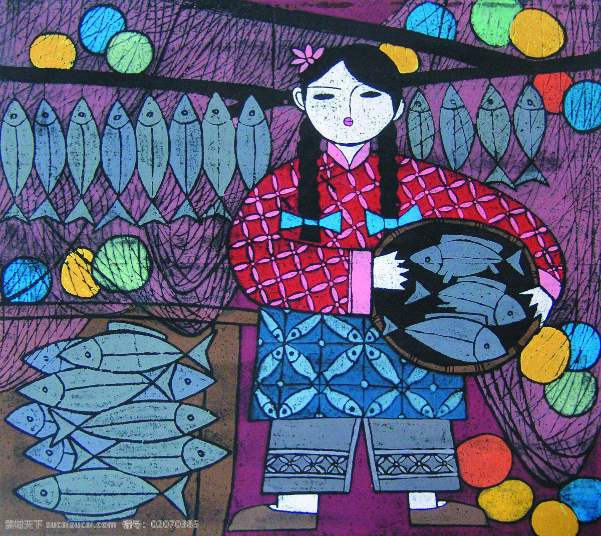 丰收渔歌 美术 版画 人物画 女人 女子 渔姑 鱼干 渔网 文化艺术 绘画书法