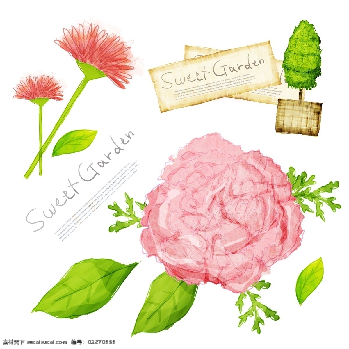 粉红色 花朵 绿叶 插画 分层 韩国素材 tua 唯美 花卉 叶子 花园 红色 绿色 树木 纸张 sweetgarden 白色