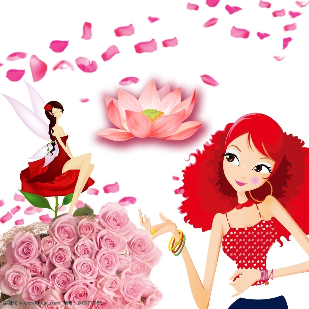 美女 鲜花 玫瑰 模板下载 插画美女 荷花 荷花素材 花瓣 卡通美女 玫瑰花 玫瑰花束 美女素材 坐在 上 女孩 粉色花束 动感花瓣 psd源文件