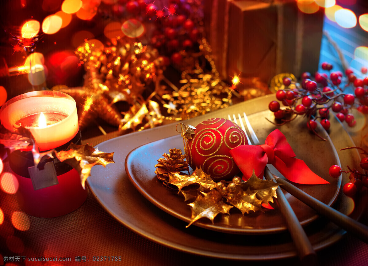 蜡烛 餐具 光斑 蝴碟结 烛光 盘子 圣诞节 美食图片 餐饮美食