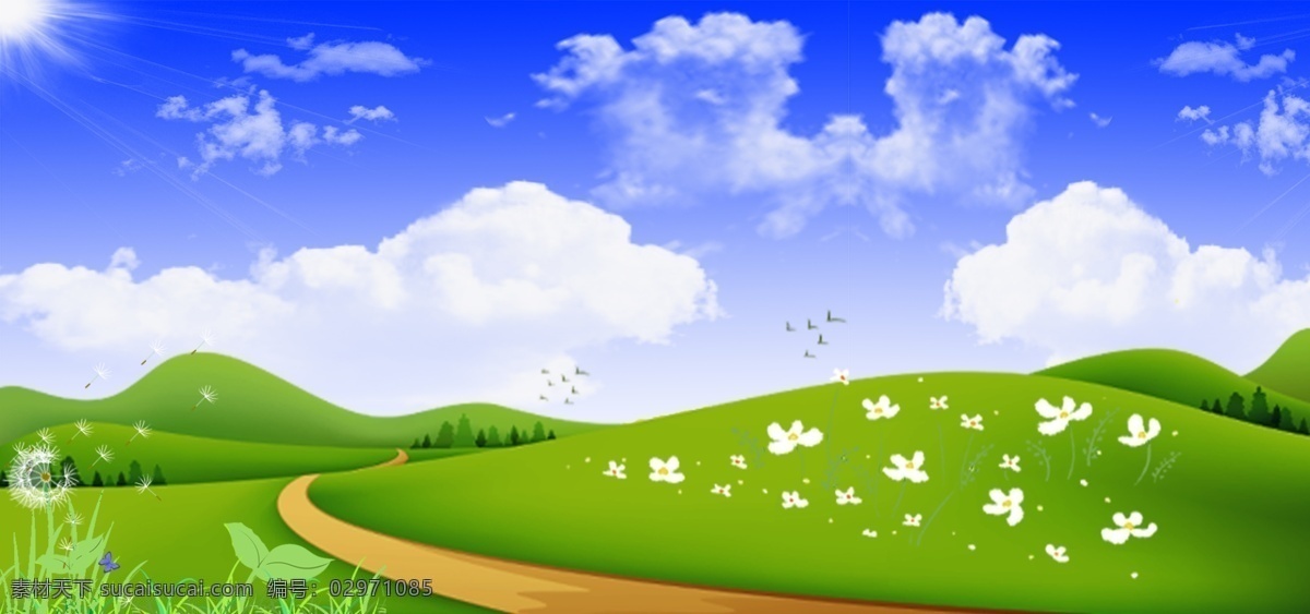 草地 插画 海报 背景 清新 简约 绿色 蓝色 白色 草坪 绿地 舒服 舒适 嫩绿 宽阔 自然 风景