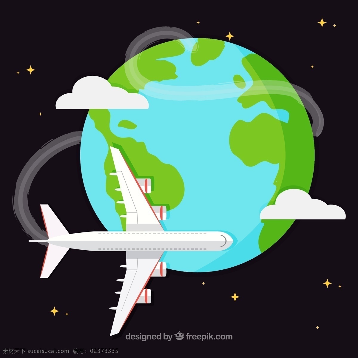 环球 飞行 飞机 插画 矢量 地球 轨迹 星星 云朵 旅行 矢量图