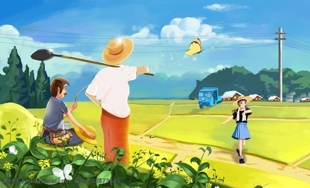 五一劳动节 田野 丛山 播种 高山 辛苦 车辆 电线杆