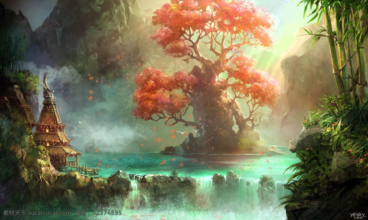 迎 暖 阳 湖心 古树 风景画 小湖 暖阳 黑色