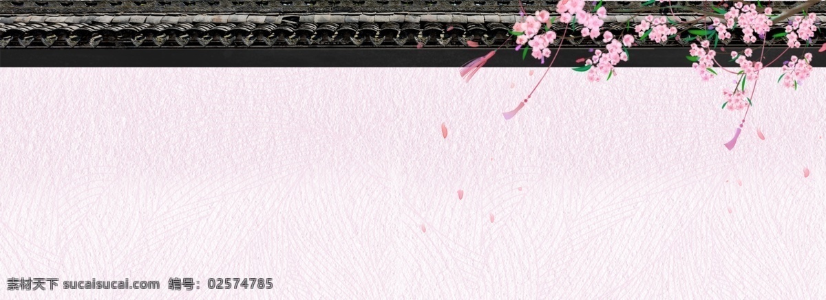 中国 风 浪漫 建筑 屋檐 banner 中国风 粉色 花朵 树枝