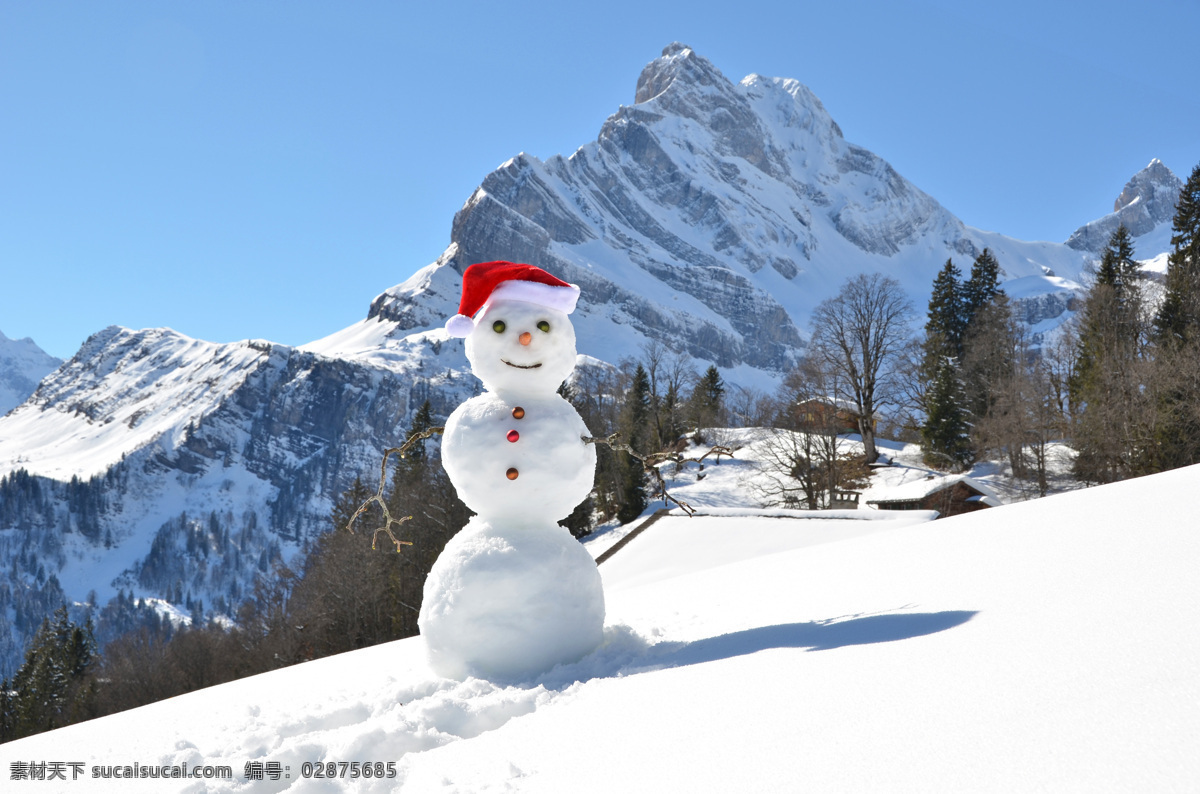 雪山 上 雪人 雪地 雪花 圣诞节 节日庆典 雪山上的雪人 其他人物 人物图片