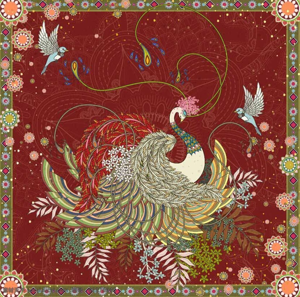 时尚 艺术 凤凰 插画 复古 花朵 花纹 吉祥