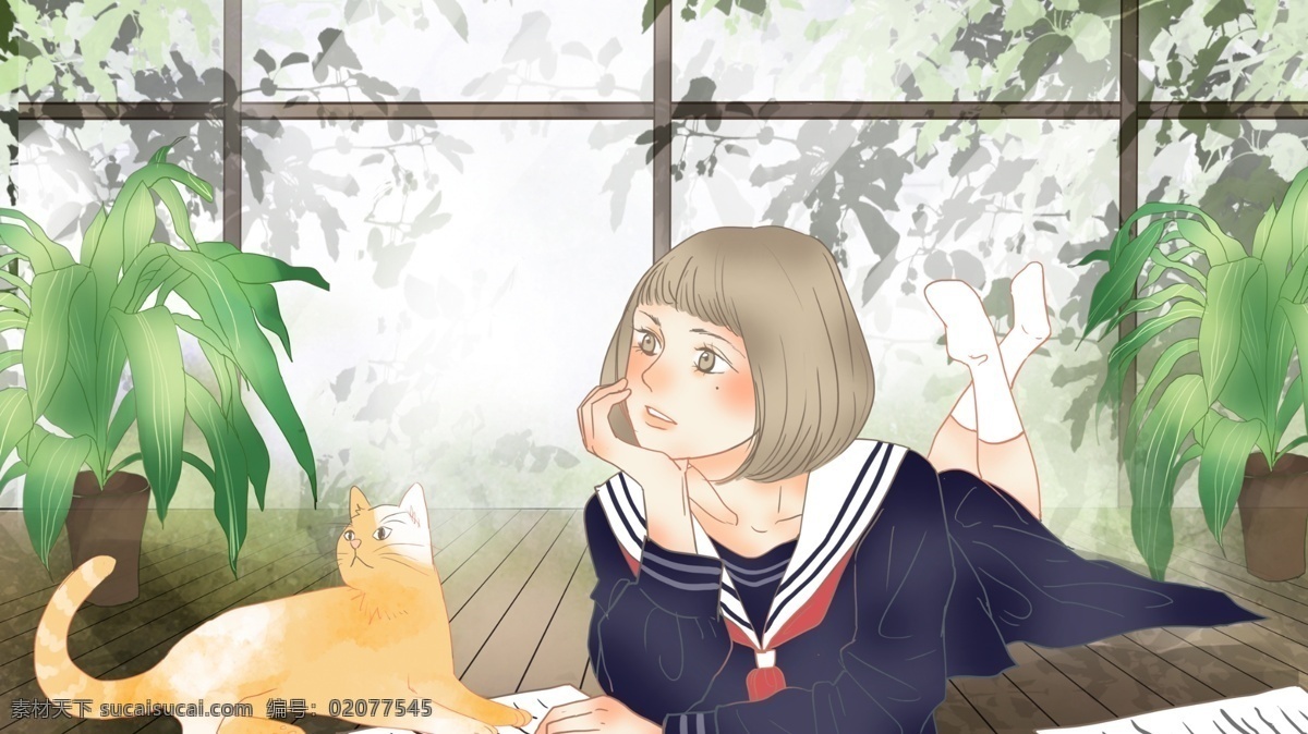 小清 新青 年节 年轻 女孩 猫 壁纸 插画 小清新 治愈系 宠物 青年 青年节 做自己 日常