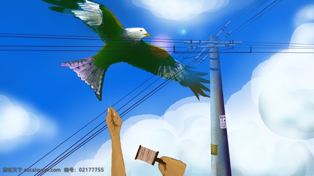放风筝的时光 原创 游戏 天空 宣传 画册 商业插画 放风筝 周末 老鹰风筝 晴空万里 海报