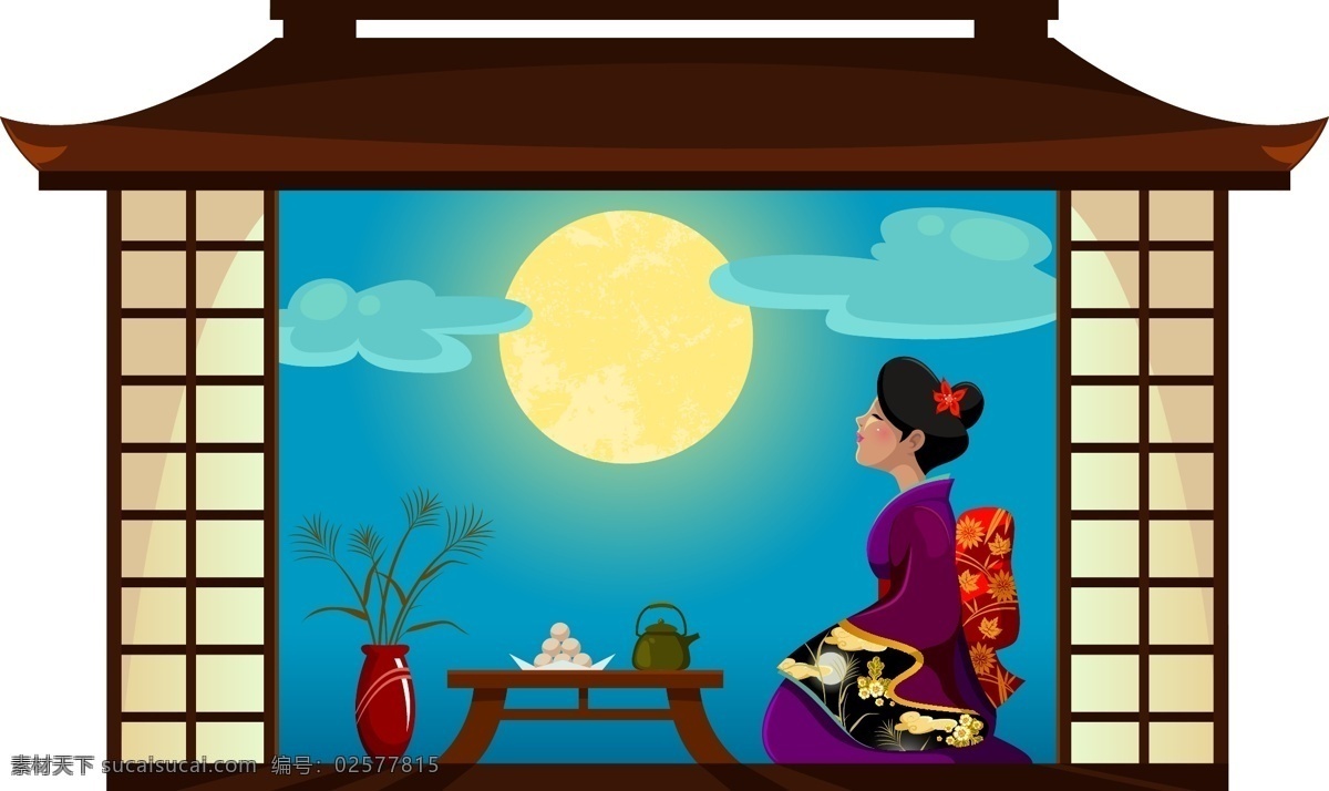 赏 月亮 日本 女人 插画 场景 房子 人物 赏月 和服