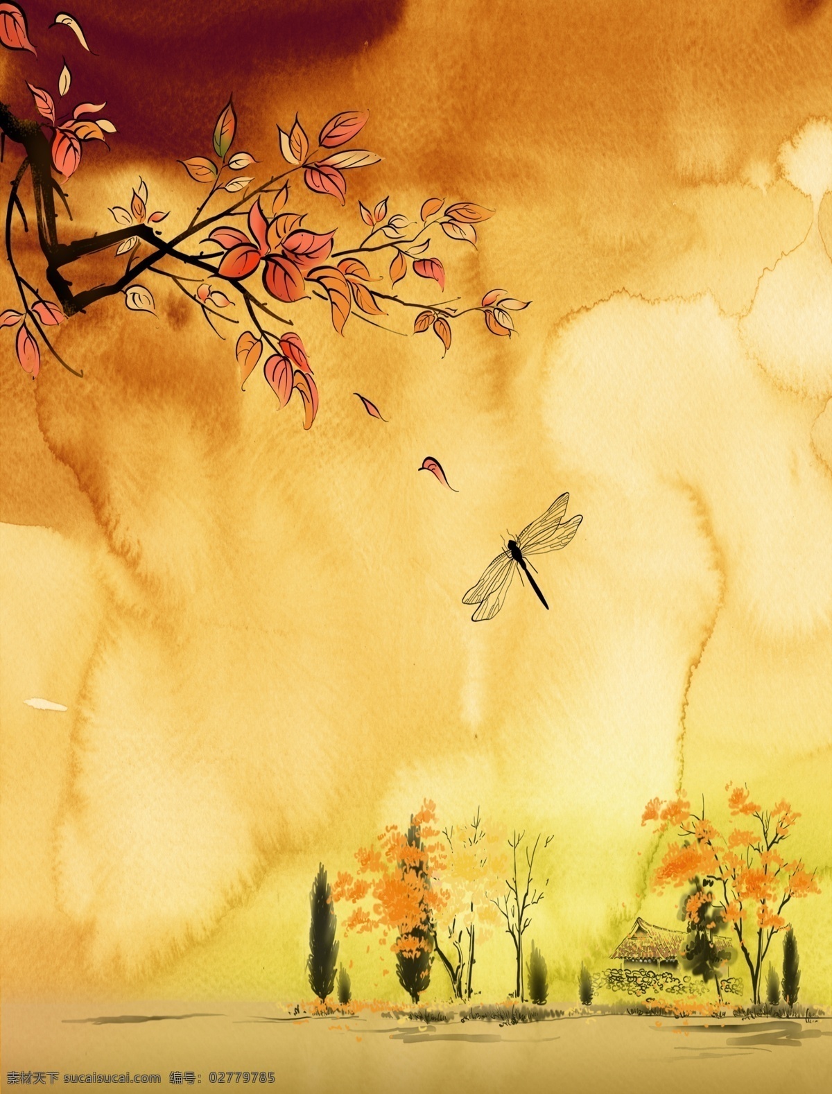 秋季 树叶 装饰画 背景画 客厅装饰画 墙画 挂画 蜻蜓
