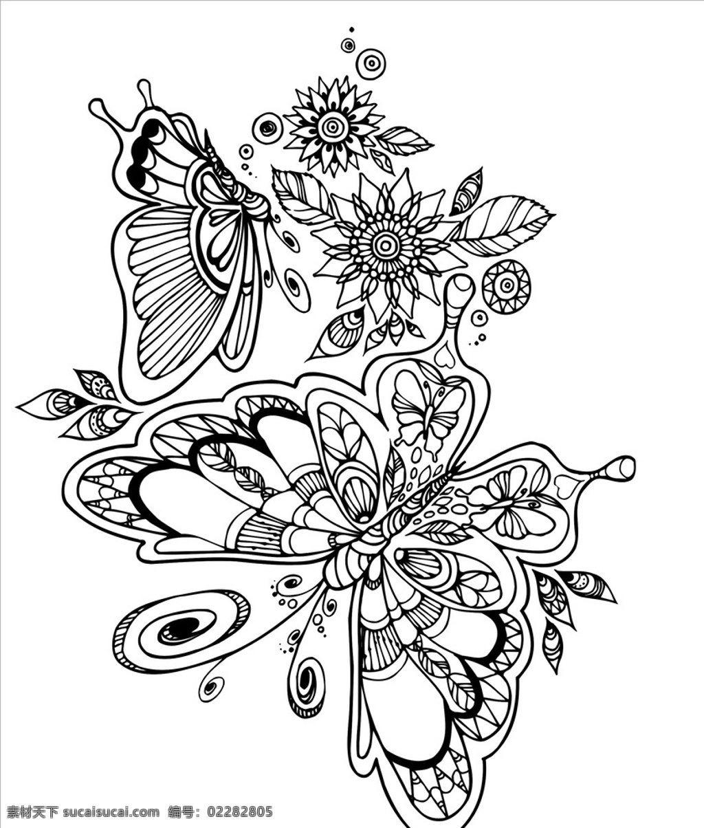 黑白 花朵 蝴蝶 复杂 剪纸 底纹 单色 矢量 植株 底纹边框 黑白花纹样式 背景底纹