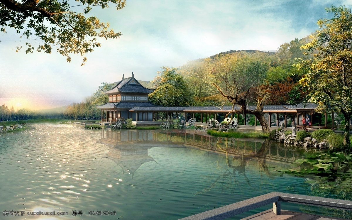 景观 园林 景观园林 景观设计 景观表现 湖水 长廊 亭子 中式景观 效果图 环境设计 园林设计