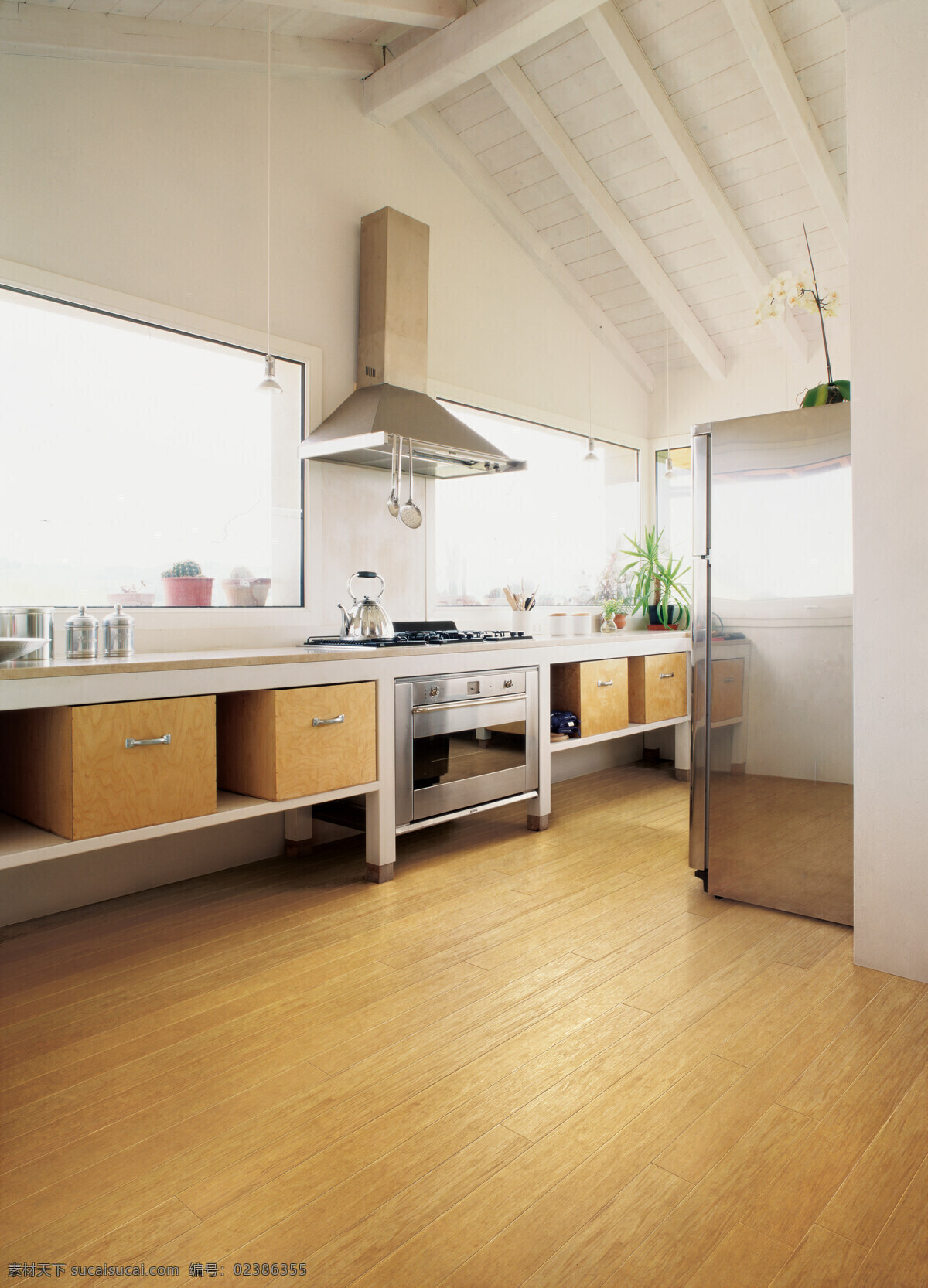 简洁 厨房 白色 窗户 地板 建筑景观 自然景观 简洁的厨房 家居装饰素材 室内设计
