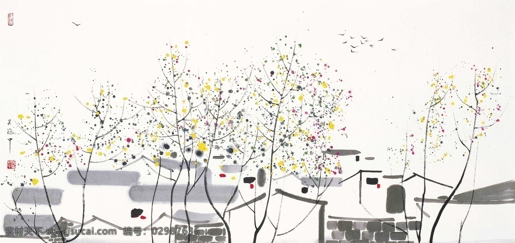 中国 风 水墨 国画 吴冠中国画 中国风绘画 水墨画 山水画 风景画 田园水墨画 乡村水墨画 中式装饰画 乡村房屋 禅意画 山川河流 江南小镇 植物树木 彩色国画 花草画 山脉山川 岩石 文化艺术 绘画书法