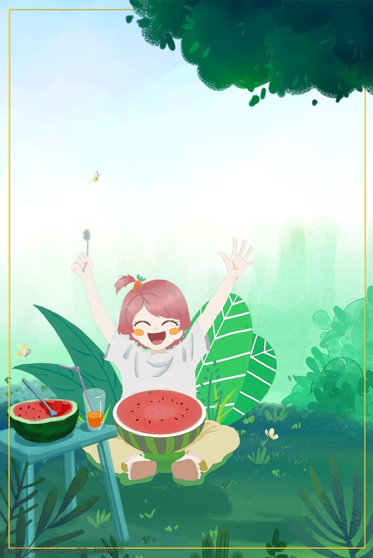 夏季 吃 西瓜 手绘 女孩 开心 小暑 绿色 广告 背景 吃西瓜