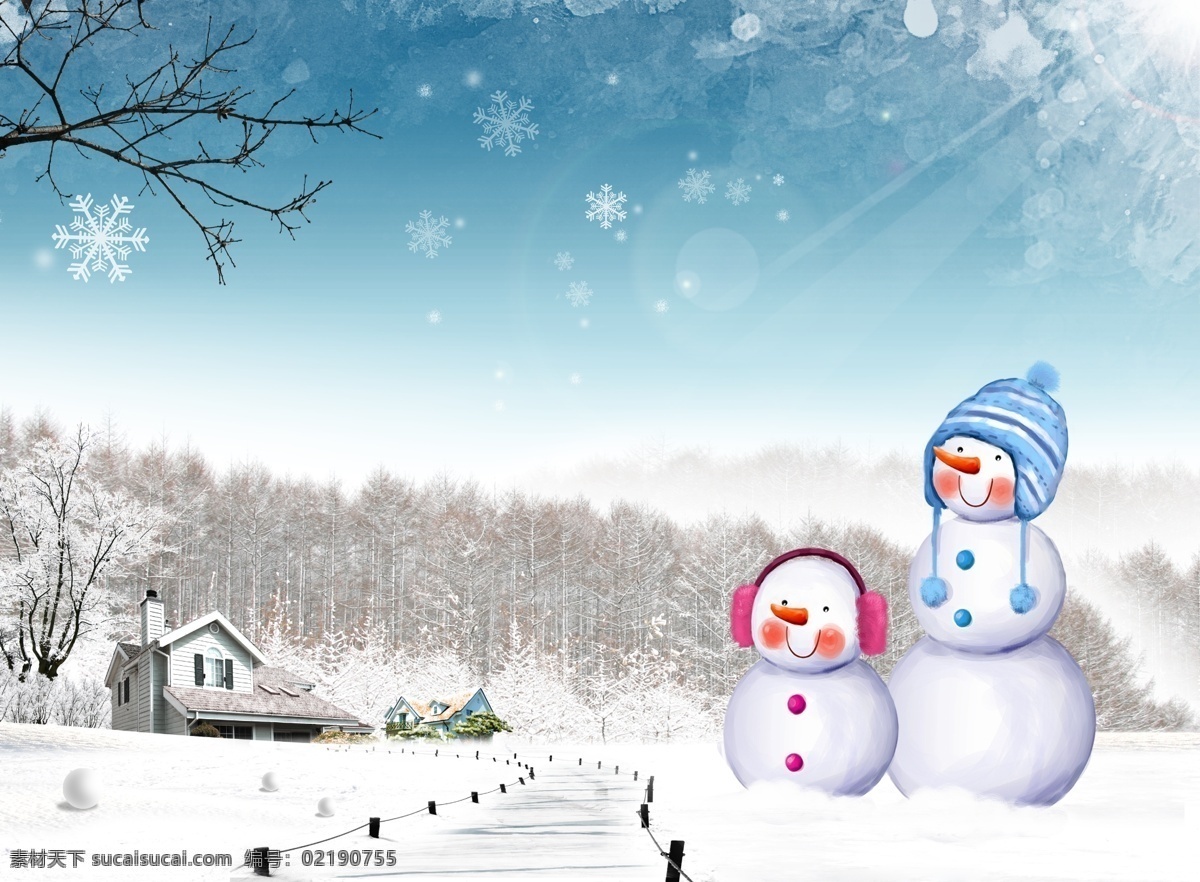 冬季素材 雪 树 房子 小桥 树林 干树枝 雪花 雪人 帽子 耳罩 阳光 小雪球 雪景 背景素材 分层 源文件