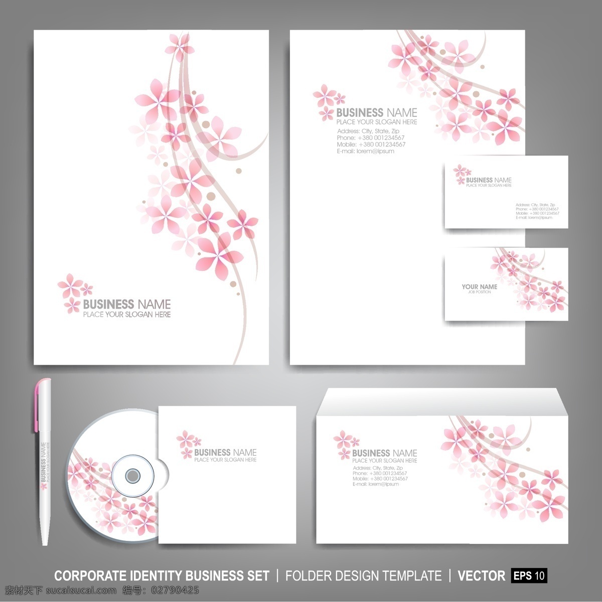 粉色 花朵 vi 识别 系统 粉色花朵 花朵花纹 圆珠笔 cd光盘 名片 信封 信笺 vi系统 视觉系统 vi模板 识别系统 其他模板 矢量素材 白色