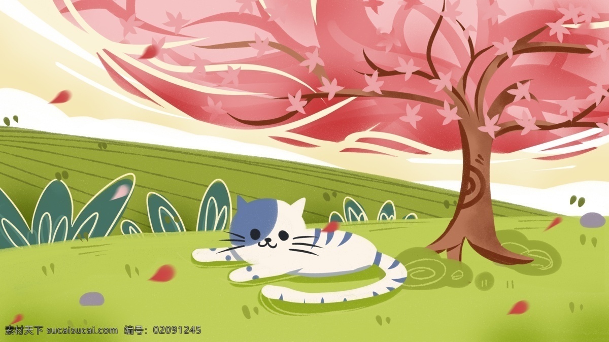 猫咪 宠物 樱花 树下 春天 野外 森林 插画 手绘 海报