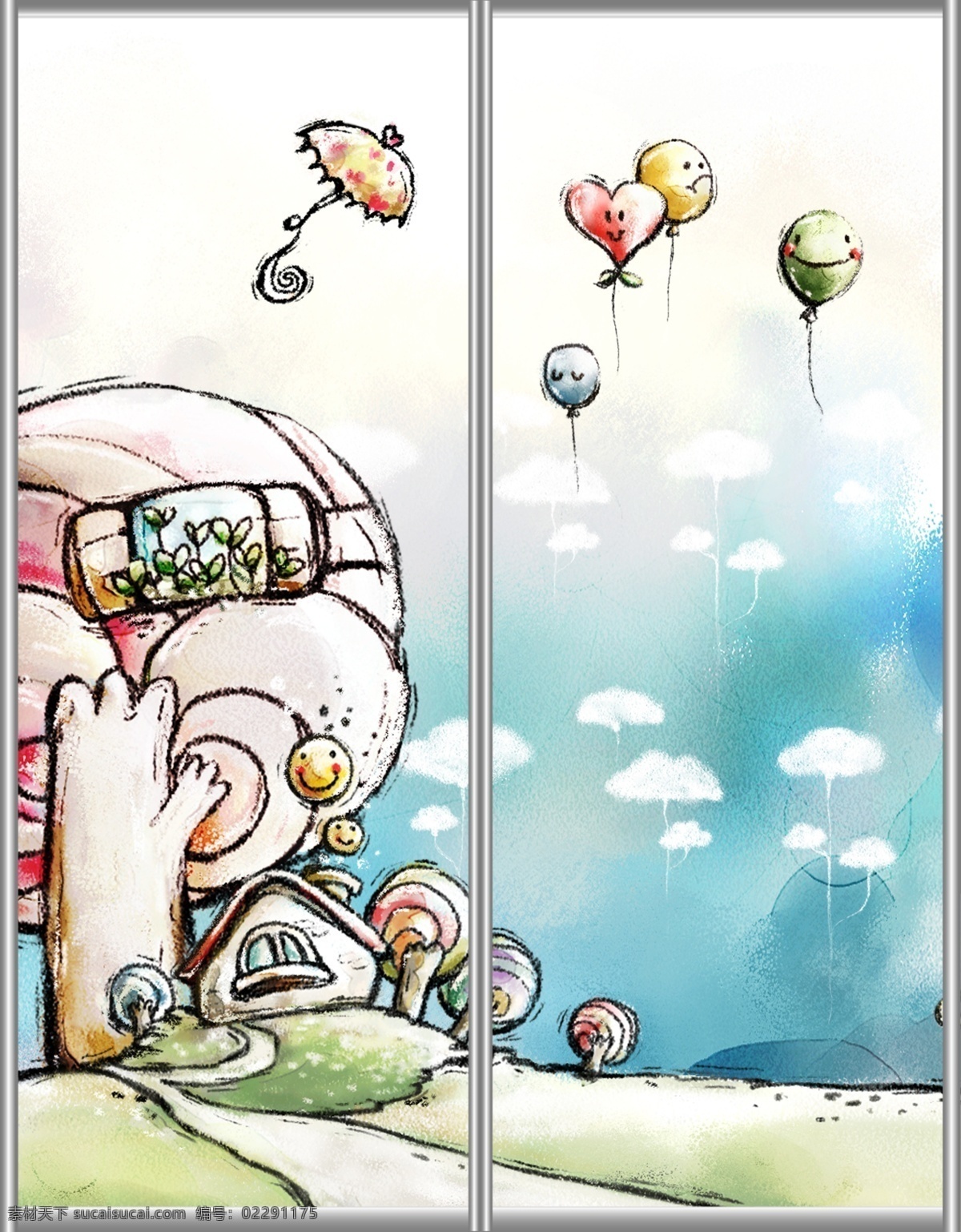 插画 抽象 大树 房子 风景 广告设计模板 气球 手绘 移门 图案 模板下载 移门图案 移门汇 移门图 天空 云朵 源文件 装饰素材