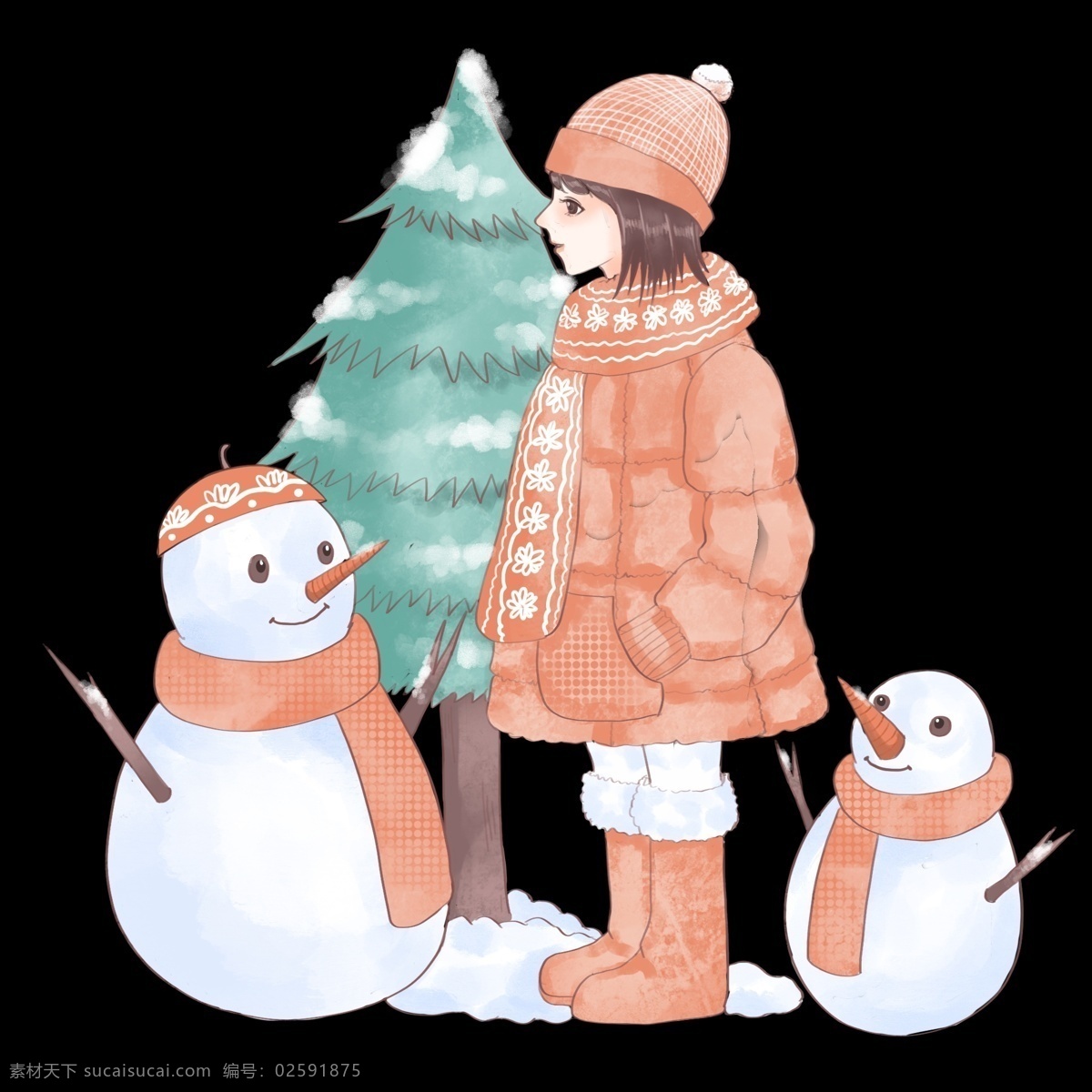 冬季 漂亮 小女孩 寒冷的冬天 白色的雪人 手绘雪人 卡通雪人 绿色的树木 红色的围巾