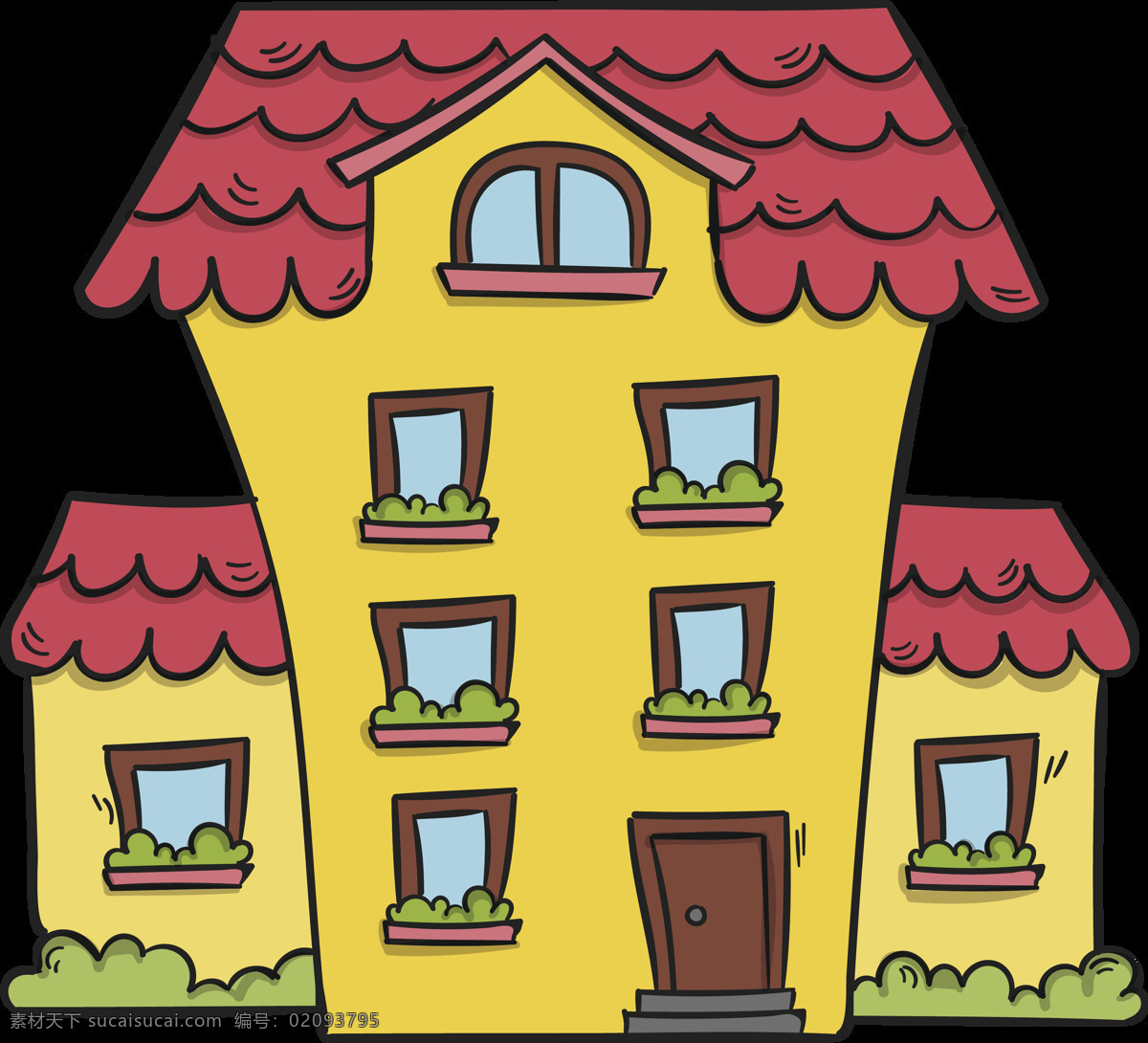 手绘 卡通 别墅 元素 房屋 卡通房子 红色屋顶 免抠