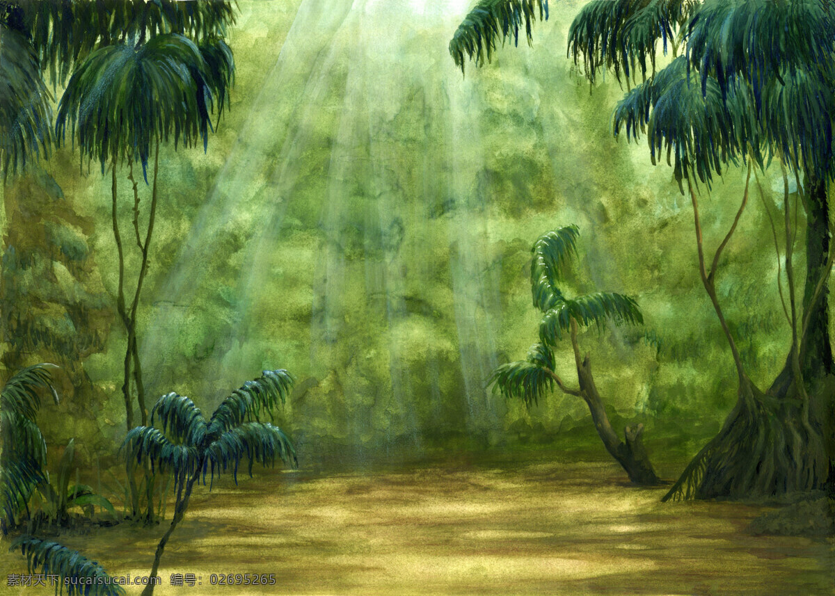 手绘 森林 场景 光线 树木 雨林 生物世界