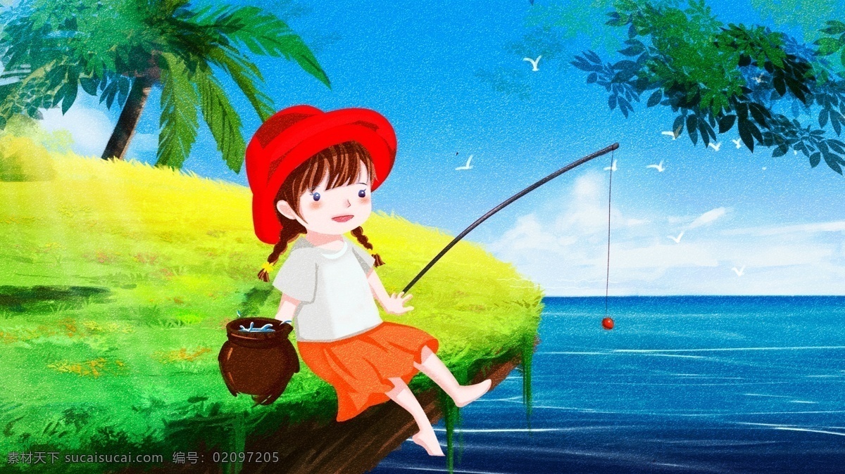 蓝色 原创 唯美 夏天 女孩 钓鱼 插画 背景 蓝色背景 彩绘 创意