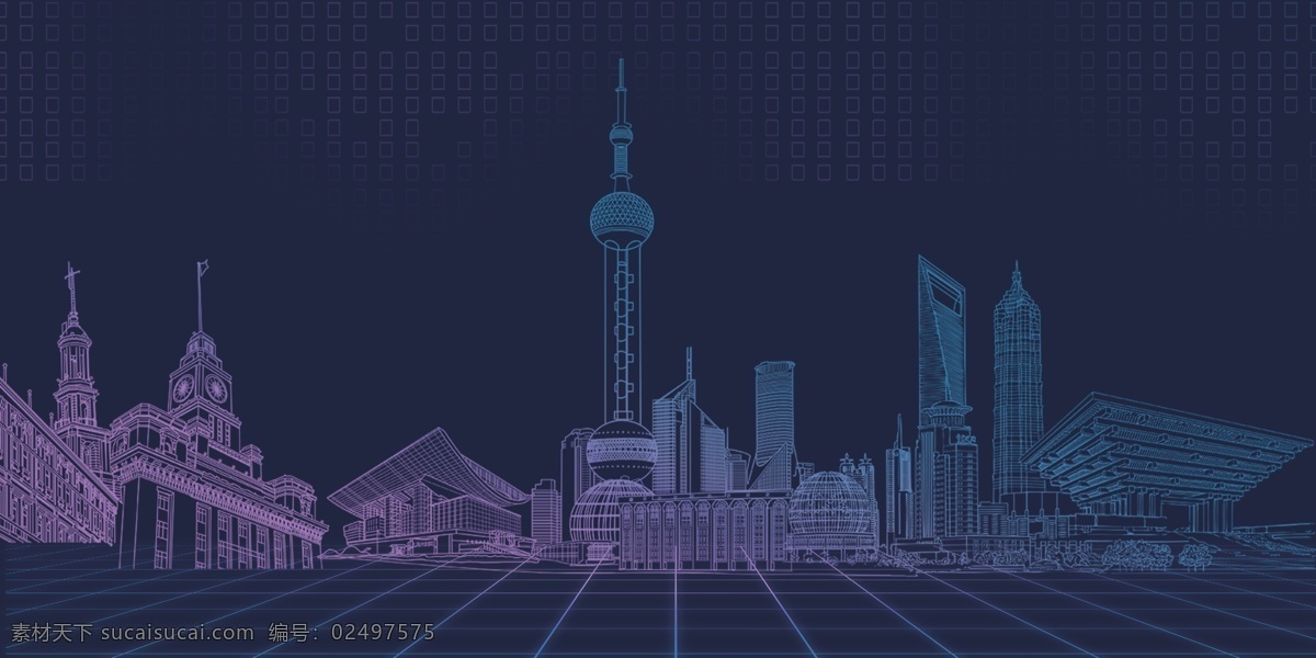 城市 剪影 渐变 线条 背景 分层 背景素材