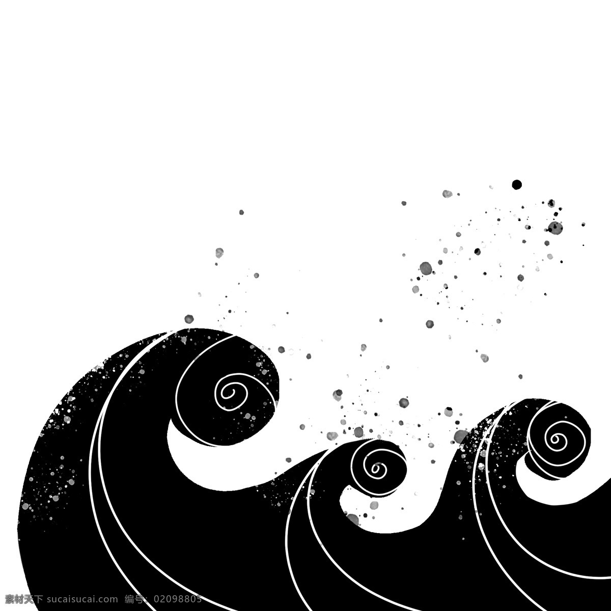 黑色 手绘 通用 波浪 装饰 海洋 海浪 大海 浪花 水滴 水花 祥云 水纹 线条 抽象 几何 极简 幻想 古典 科技 旅行 海产 海鲜