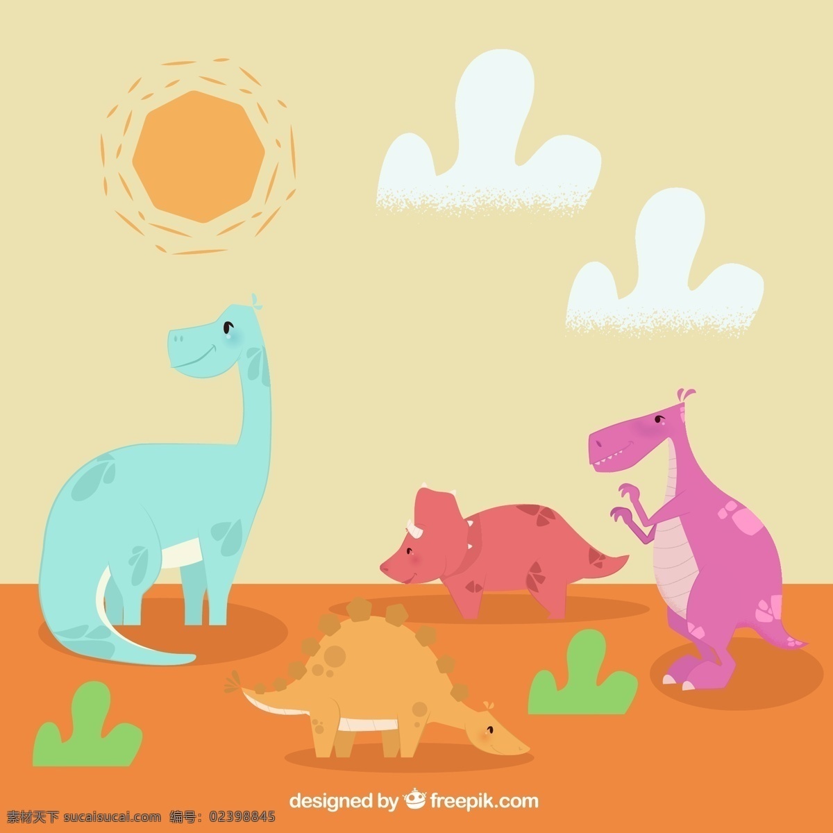 只 卡通 恐龙 矢量 太阳 云朵 天空 霸王龙 三角龙 雷龙 草 动物 侏罗纪 矢量图...