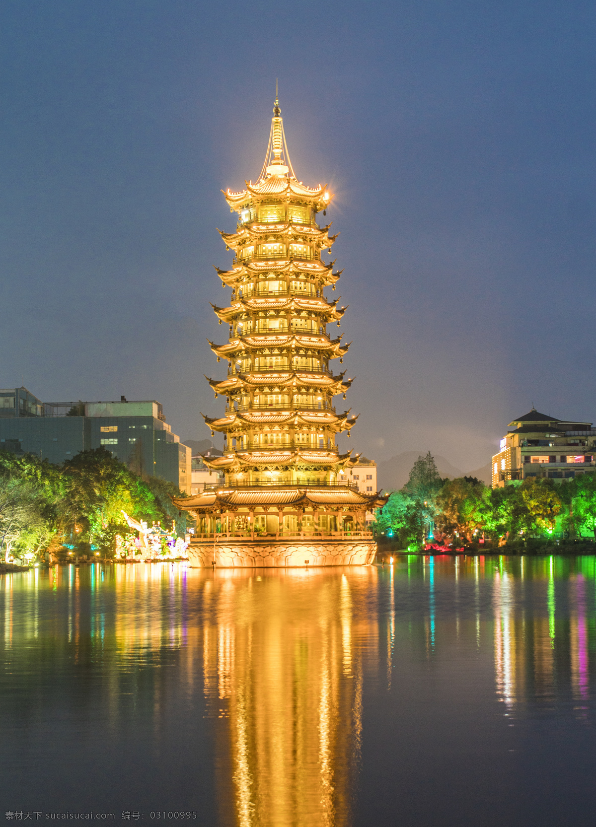 旅游 城市 桂林 日月 塔 日月塔 日塔 古风 古典 塔楼 景点 商用 夜景