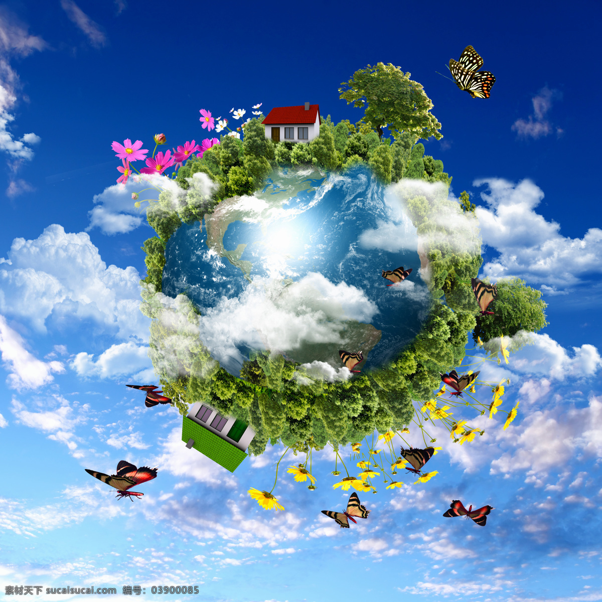 蓝色 地球 图 地球表面 蝴蝶 树 森林 房子 花朵 天空 白云 环保图片 宣传图 高清图 地球图片 环境家居