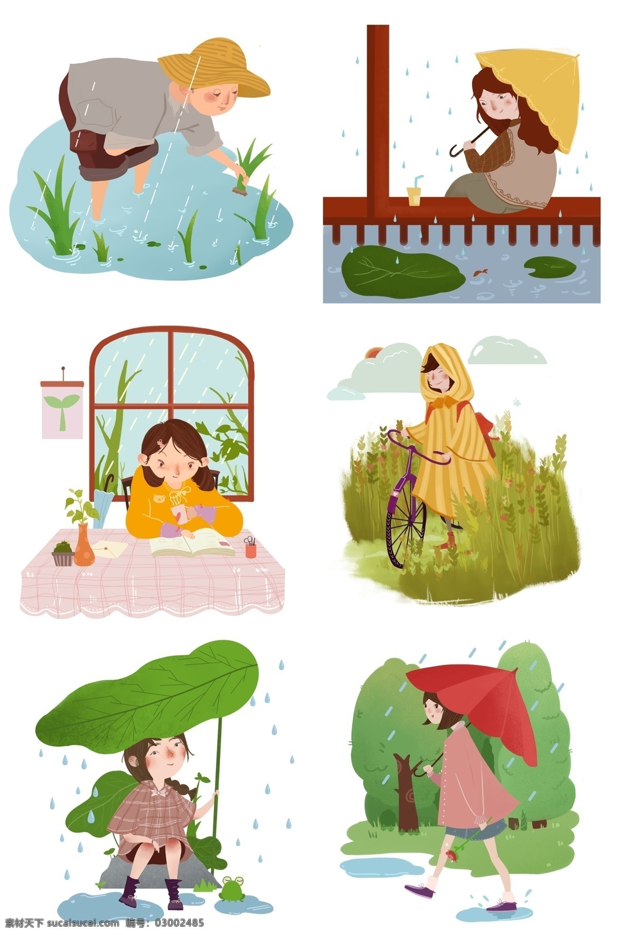 谷雨 人物 插画 合集 插秧的男孩 休息的小女孩 看书的女孩 骑车女孩 卡通人物