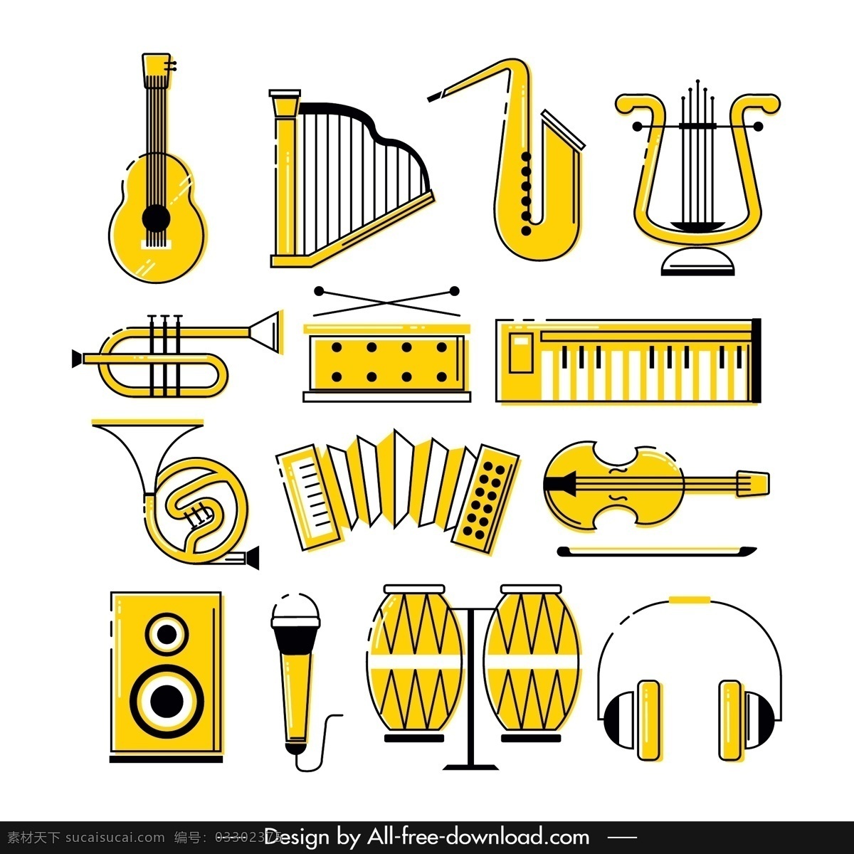 黄色乐器图片 吉他 竖琴 琵琶 萨克斯 小号 矢量 高清图片