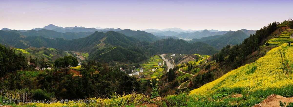 徽州 农村 春景 田地 庄稼 油菜花 黄绿相间 村庄 小楼 道路 树林 丘陵 蓝天 景观 安徽 旅游摄影 建筑风光 国内旅游