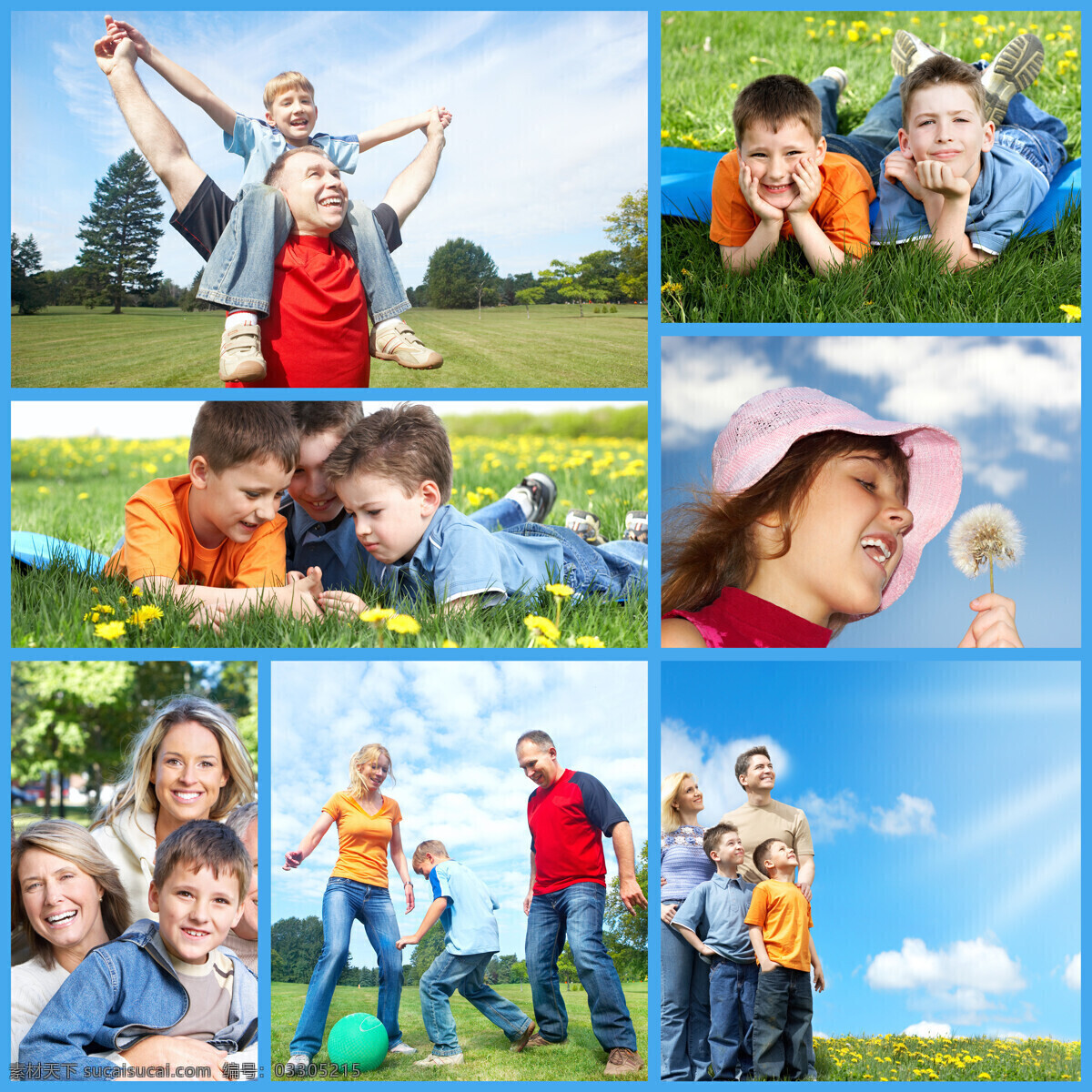 草地 上 游玩 一家人 照片 集合 蓝天白云 踢球 开心 花朵 幸福家庭 爸爸 妈妈 小男孩 小女孩 大人小孩 男人女人 生活人物 人物图片