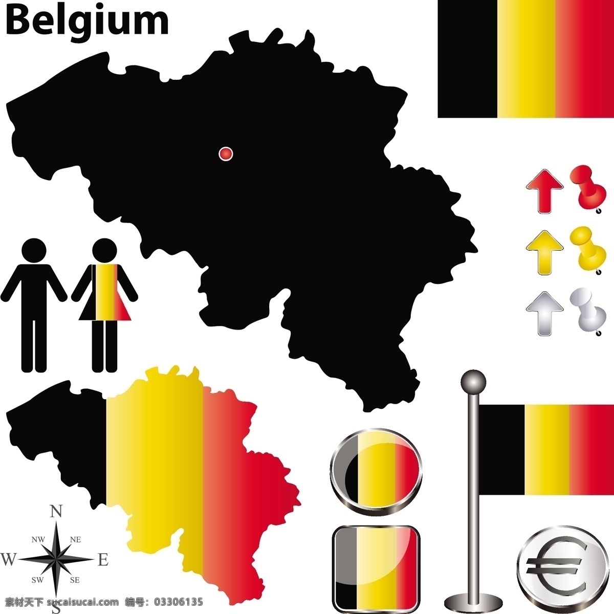 比利时 国旗 地图 比利时国旗 国旗图标 立体按钮 图钉 空间环境 矢量素材 白色