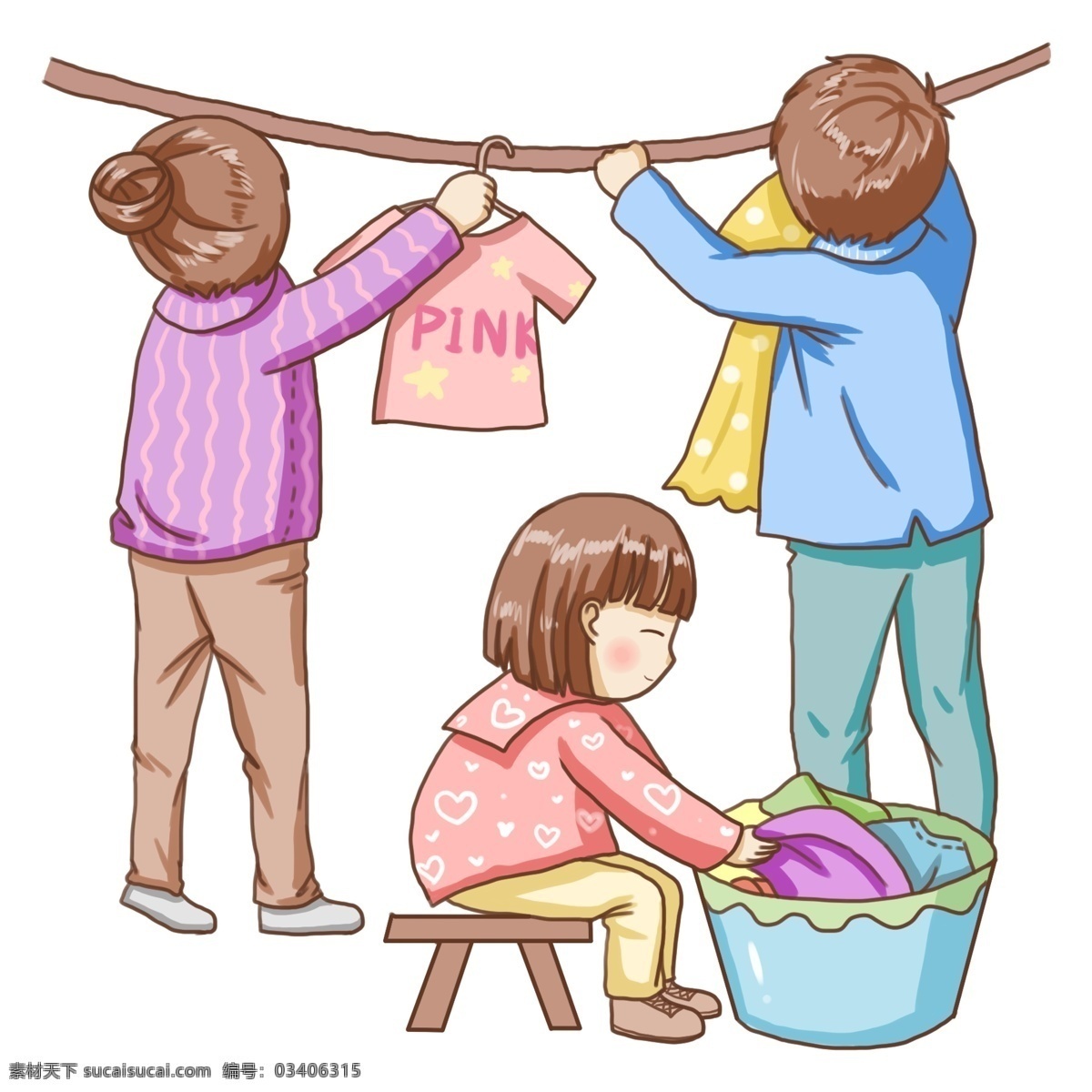 卡通晾衣服 卡通 人物 站立 女孩 洗衣服晾衣服 妈妈 晾衣架 卡通设计