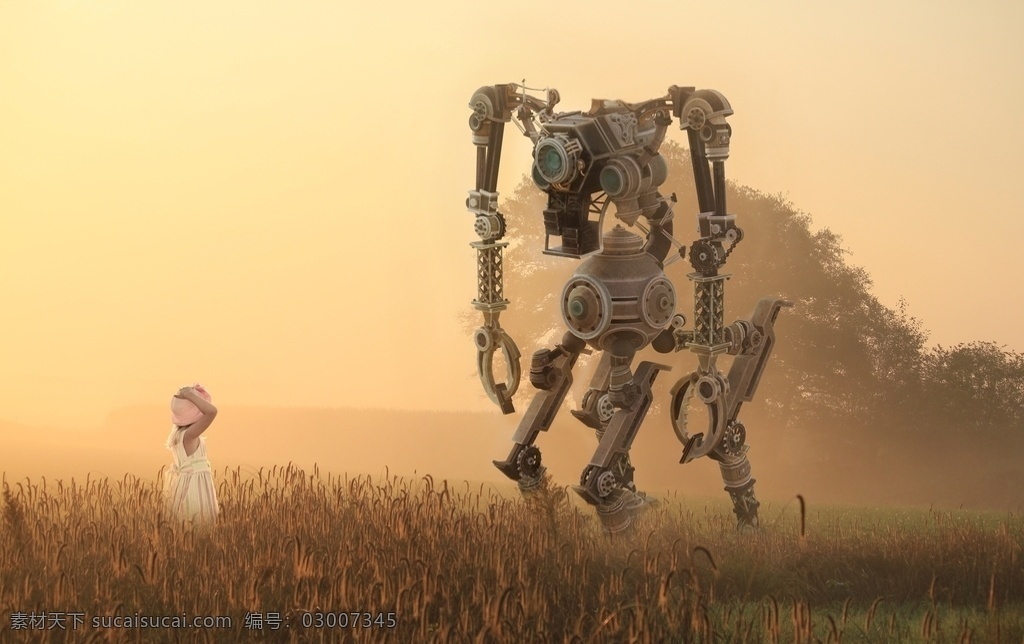 梦竟 遇到 童年 想象力 女孩 儿童 黄昏 日出 太阳 机器人 树 小麦 探索 幻想 高清桌面背景 人物图库 儿童幼儿