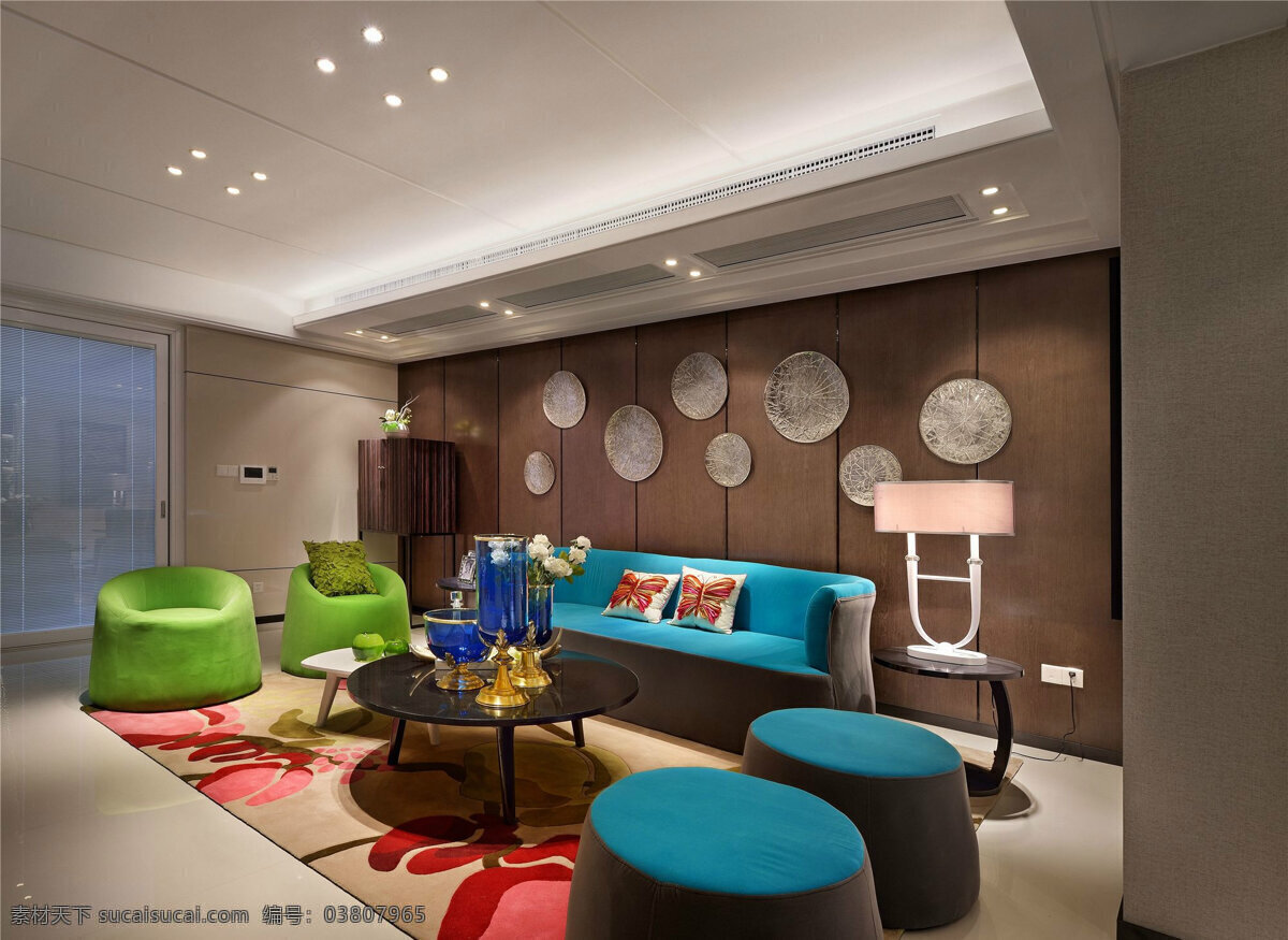 现代 时尚 鲜活 客厅 亮色 沙发 室内装修 效果图 大理石地板 红色花纹地毯 亮色沙发 褐色背景墙