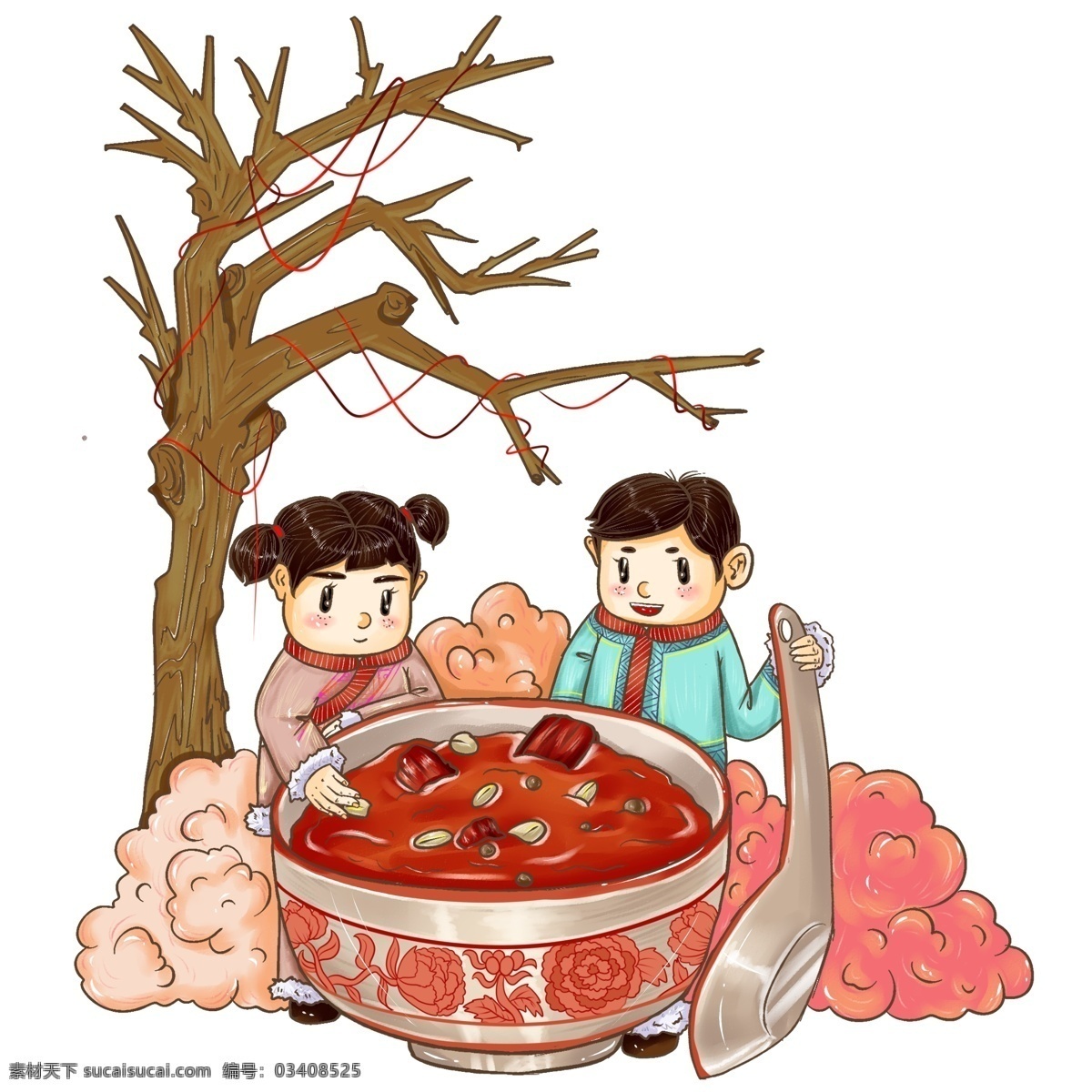 原创 手绘 节日 腊八粥 腊八节 福娃 红 绳 人物 海报素材 插画 喜庆 红绳 元素 书 灌木 粉色