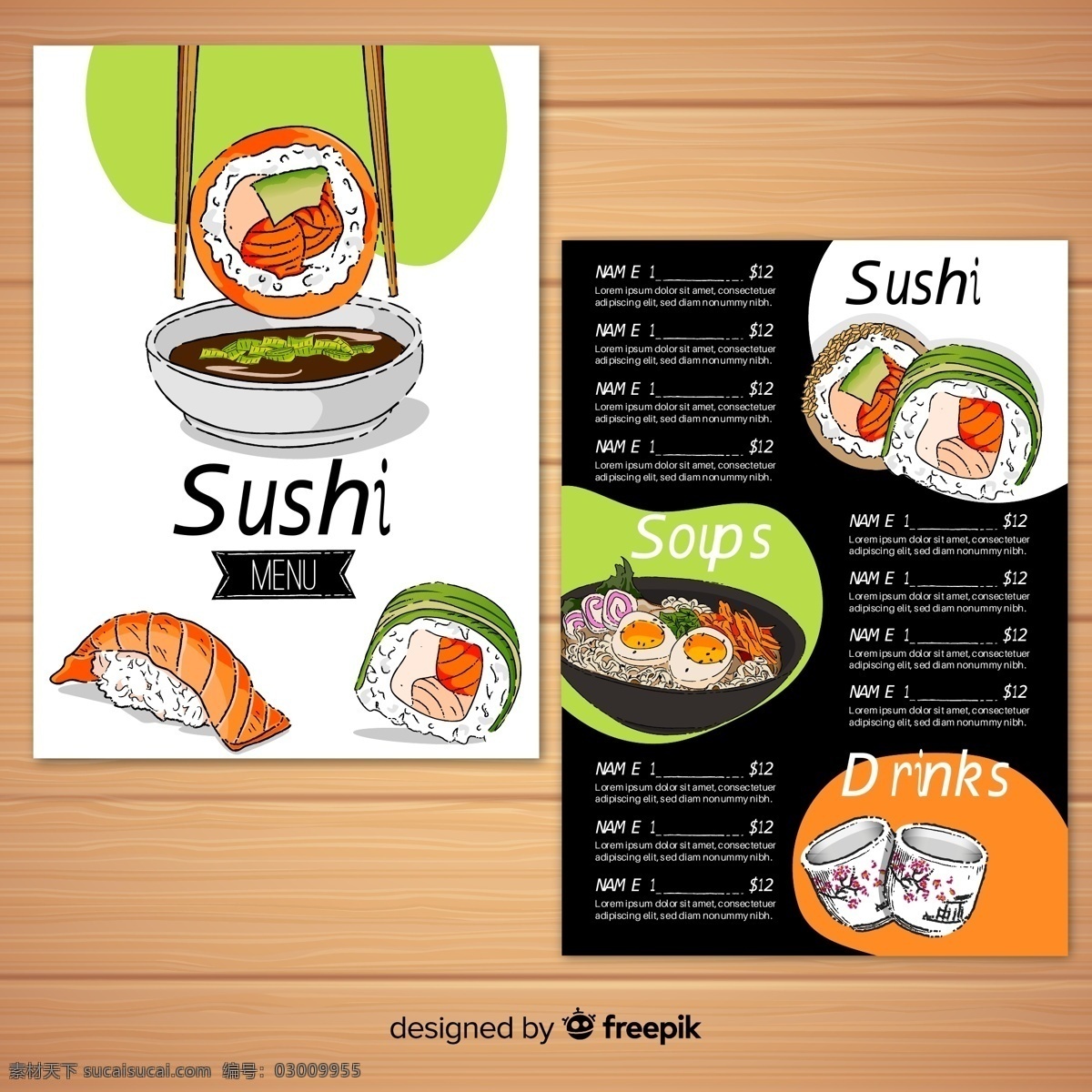 彩绘 美味 寿司 菜单 日本料理 餐饮 筷子 汤 饮品 茶饮 广告海报设计 菜单菜谱