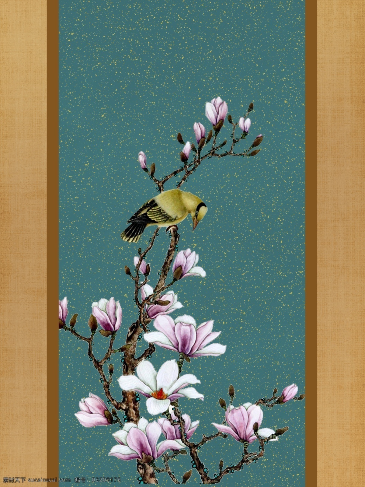 中国 风 花鸟 工笔 装饰画 中式 古风 古典 绿色 新古典 玉兰花 工笔画